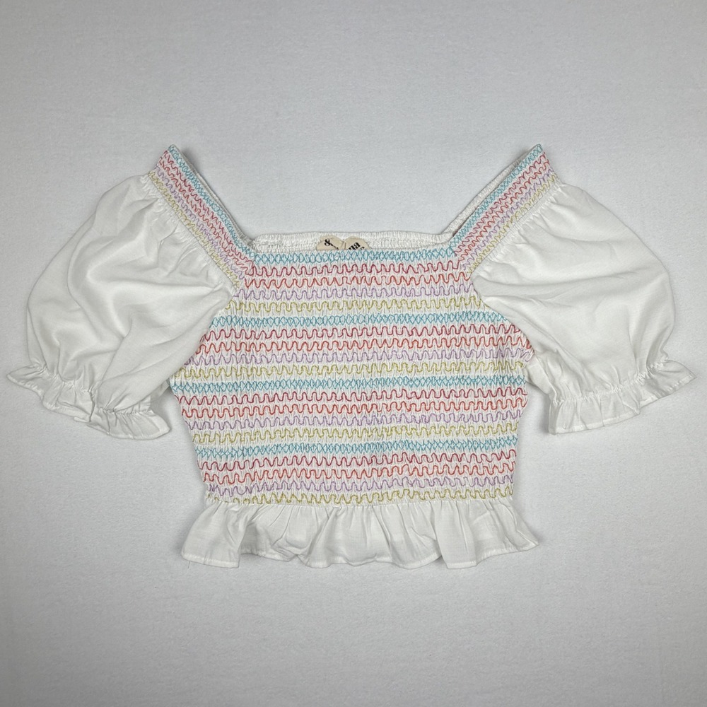 Savanna Jane Womens Smocked Embroidered Puff Sleeve Crop Top White Multi-Color